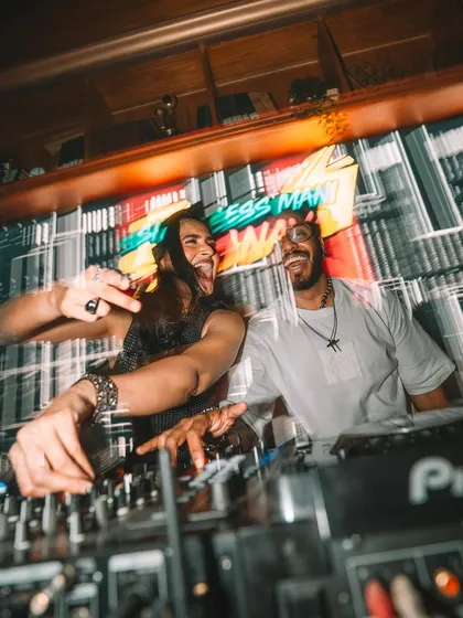 A cool motion-blur shot that captures the fast-paced energy of our back-to-back set. It's all about quick mixes and non-stop vibes.