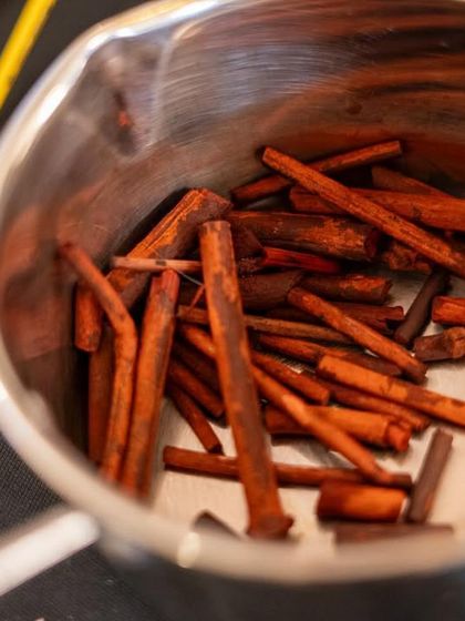 A pot filled with sappanwood, a natural ingredient used to create a deep red pigment in our botanical ink workshop. We explore a variety of sources to create a full spectrum of natural colors.