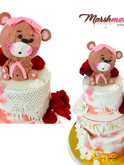 A collage showing the full 3-tier cake alongside a close-up of the charming, hand-sculpted teddy bear that sits on top.