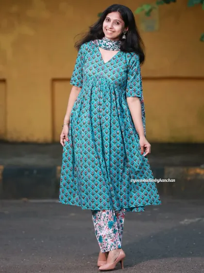 Your wardrobe's new best friend. This teal dupatta suit, with its mix of prints on the kurta, pants, and dupatta, is a perfect blend of style and tradition.