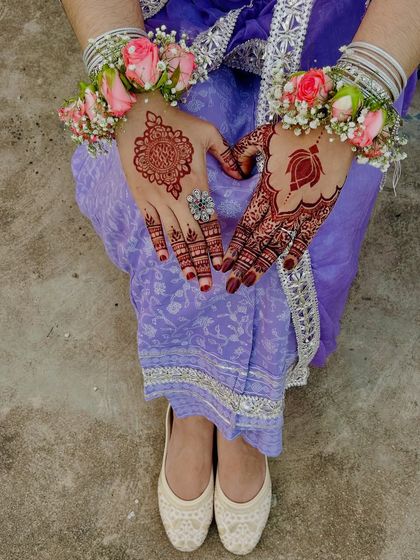 A full look at the Eid henna stain on both hands, showing how the simple, elegant designs make a big impact.