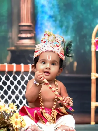 A playful shot of baby Krishna holding his flute, surrounded by colorful flowers and peacock feathers.