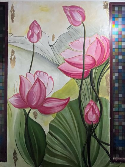 A full view of the lotus mural. The soft, blended colors of the petals contrast beautifully with the rich green leaves, creating a serene and powerful image.