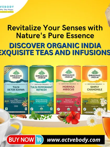 Revitalize your senses with nature's pure essence. This image displays a range of Organic India's exquisite teas and infusions, including Tulsi Detox Kahwa and Simply Chamomile, for wellness and balance.