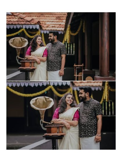 A diptych of the couple posing with a vintage gramophone, adding a touch of old-world romance to their shoot.