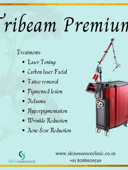 This is the Tribeam Premium, one of the advanced, USFDA-approved machines I use for all my laser procedures. This Q-switched Nd:YAG laser is my go-to for safely and effectively treating pigmentation, performing carbon facials, and removing tattoos.