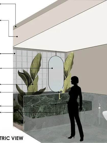 An isometric view of a washroom we designed, where function meets luxury. The space features a floating green granite vanity, glass block walls for diffused light, and integrated planters to create a spa-like, biophilic experience.