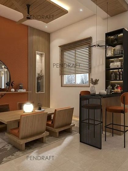 The proposed dining area within the Zen-themed duplex, featuring a low-seating arrangement, a modern bar counter, and a striking rust-colored accent wall for warmth and character.