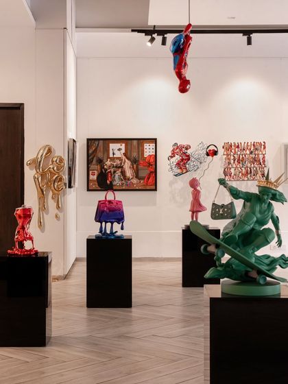A curated playground for the curious mind. This view showcases a collection of our most imaginative sculptures, each telling a unique story and contributing to the gallery's overall narrative of modern pop culture.