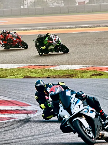 A split image showing two different angles of intense track action. Riders on a Kawasaki ZX-10R and a BMW S1000RR chase each other through the corners at BIC.