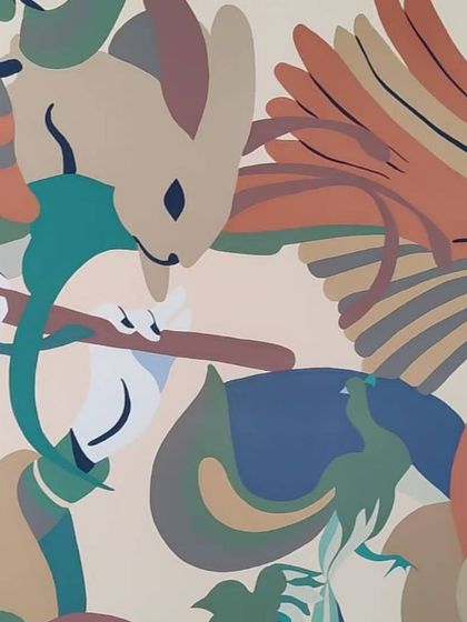 A detail from the Pepito restaurant mural, featuring soft, earthy tones and whimsical figures that evoke a sense of tropical calm.