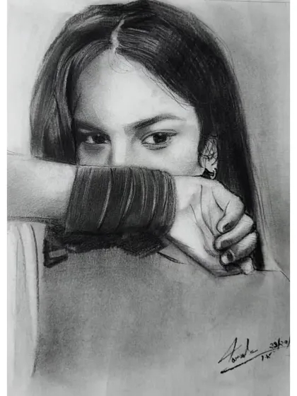 An expressive portrait study done with willow charcoal. The pose, with the hand partially covering the face, creates a sense of mystery and draws attention to the intensity of the eyes.