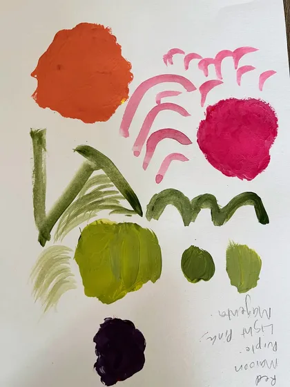 The beautiful result of a child's imagination at play. This colorful abstract painting is a wonderful example of the art they create and proudly take home after our creative expression workshops.