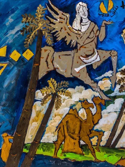 This monumental 1989 acrylic on canvas by M. F. Husain is titled 'Islam'. It is a landmark in Islamic arts heritage, filled with cultural motifs like camels, palm trees, and the Buraq, the mythological horse that carried the Prophet Mohammed to heaven.
