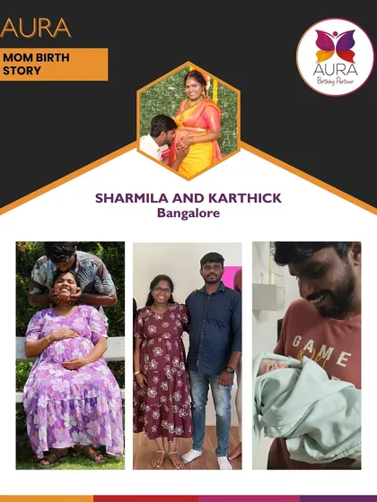 This collage beautifully captures Sharmila and Karthick's journey, from the loving moments during pregnancy to the joy of welcoming their newborn.