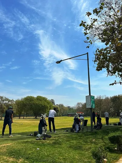 A view of the range through the trees, showing golfers enjoying a sunny day of practice.
