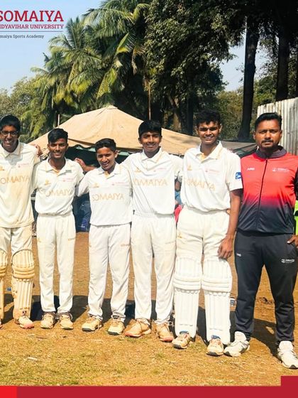 Our junior college cricket team and their coach celebrate a 9-wicket victory that propelled them into the tournament semi-finals.