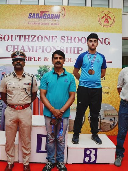 Our shooter Mohammed Zain on the podium after winning a bronze medal at the 15th Southzone Shooting Championship in Chennai.