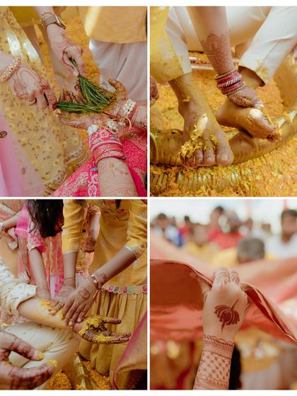 A collage of traditional Haldi rituals. These close-ups focus on the details of the ceremony, from applying turmeric to the bride's feet to the sacred threads and henna, highlighting the cultural significance of the event.