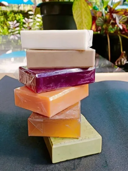 This stack shows the different natural colours of my soaps, from the deep purple of Red Wine to the gentle green of Neem. No artificial colours are ever used.