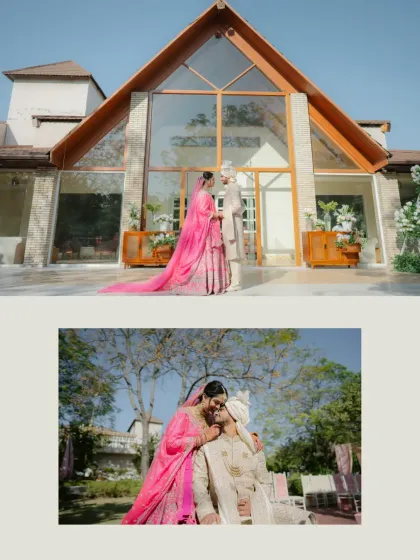 A collage showing the couple in front of a modern, beautiful wedding venue, capturing both grand and intimate moments.