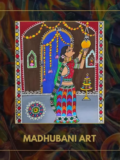A beautiful Madhubani artwork depicting a woman lighting a lamp. This folk art from Bihar is known for its intricate patterns and vibrant colors.