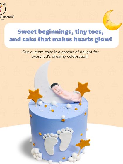 Sweet beginnings and tiny toes. This baby-themed cake features a sleeping baby on a crescent moon, with fondant footprints and stars, making it a dreamy choice for a baby shower or naming ceremony.