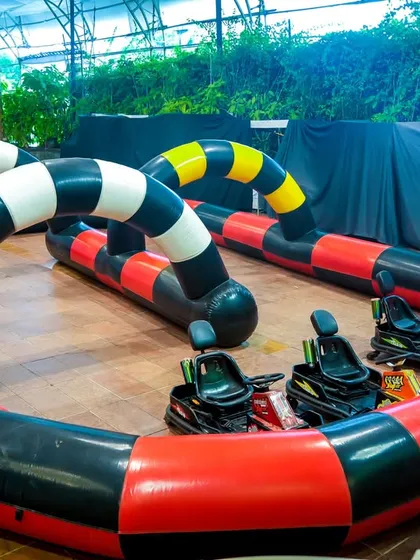 Our inflatable go-kart track set up and ready for racing, showing the full circular layout.