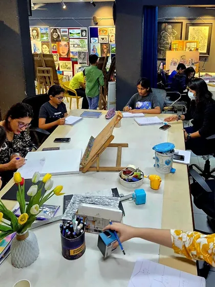 Our studio is a vibrant community of artists. Here, students are engaged in a drawing session, learning from instructors and each other in a focused, creative, and supportive environment.