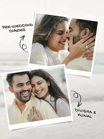 A fun, graphic-style image presenting the couple's "Pre-Wedding Diaries." The polaroid effect adds a charming, personal touch to these happy beach memories.