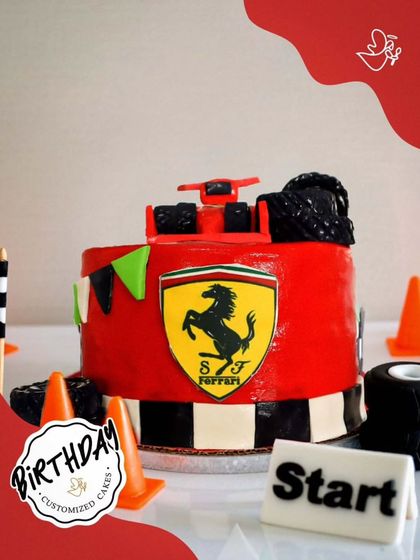 Full throttle for a Ferrari fan's birthday. This F1-themed cake features the iconic red car and Ferrari logo, ready to race into the celebration.