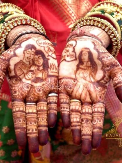 A beautiful portrait-style baby shower mehndi. This design captures the loving moments of parenthood, with portraits of the couple and the mom-to-be cradling her baby bump.