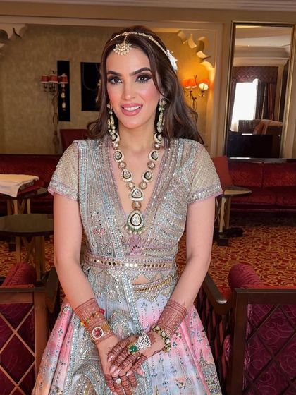 The complete look is soft, romantic, and perfect for a modern bride.