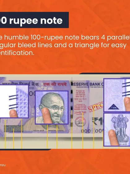 The 100-rupee note has four parallel, angular bleed lines and an embossed triangle to help distinguish it by touch.