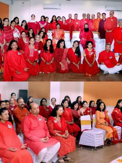Participants dressed in red for a specific energy-focused meditation session during our Himalayan retreat.