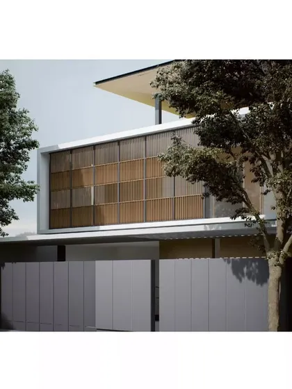 The rendered facade of the Aakiri Residence, showcasing the use of wooden louvers for sun shading and privacy. This helps in studying the building's exterior appearance and performance.