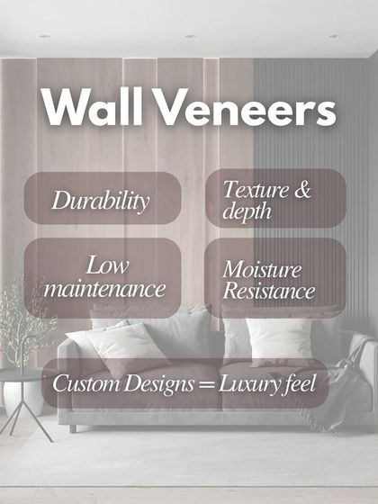 An overview of the benefits of my wall veneers: durability, low maintenance, rich texture, moisture resistance, and the ability to create custom designs for a luxury feel.