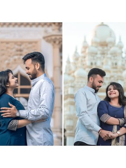 A diptych of a couple posing in front of a beautiful white architectural building, capturing their happy and relaxed interaction.