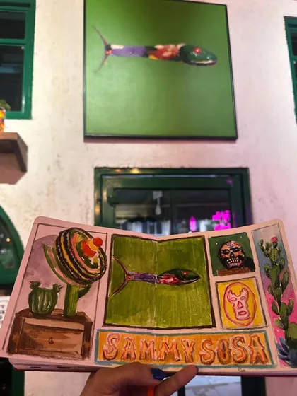 My sketchbook collage held up against the artwork that inspired it at Sammy Sosa restaurant. It's fun to see the inspiration and the interpretation side-by-side.