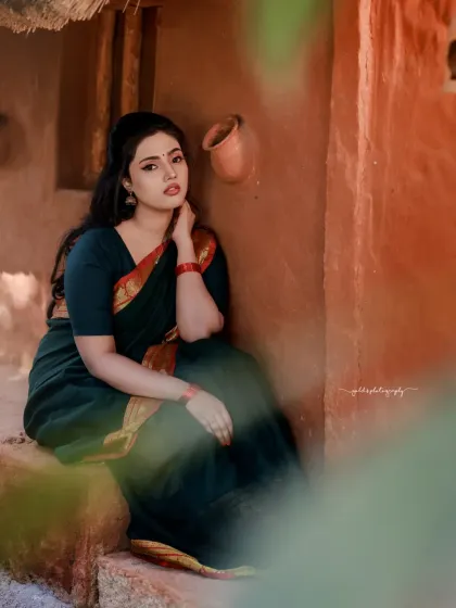 A series of portraits in a rustic, village-like setting. The model's simple green saree and relaxed poses create a feeling of serene, timeless emotion.