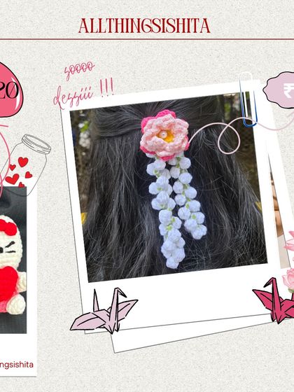 A fun mix of styles. Here's my popular Hello Kitty keychain paired with an order for a custom crochet Lotus Gajra.