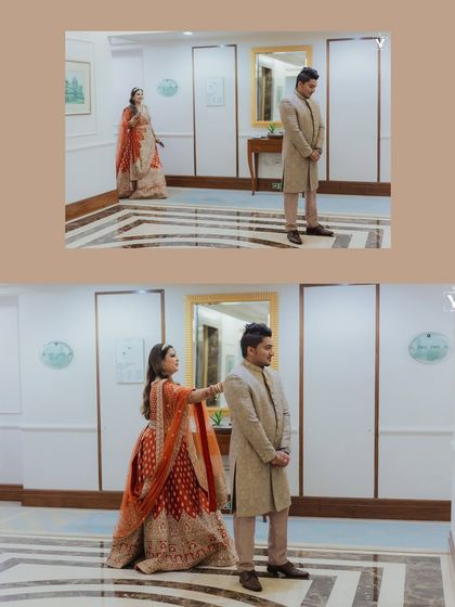A classic first look sequence in an elegant hotel corridor. The bride approaches from behind and taps the groom's shoulder, leading to a moment of shared joy.