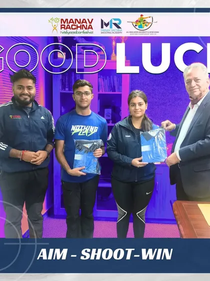 Our Director of Sports, Mr. Sarkar Talwar, bestows kits upon our athletes ahead of the All India Inter University Shooting Championship, wishing them luck.