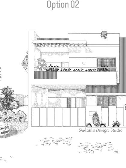 'Option 2' of the elevation sketch, showing a different architectural approach. My process involves exploring multiple concepts to find the perfect fit.