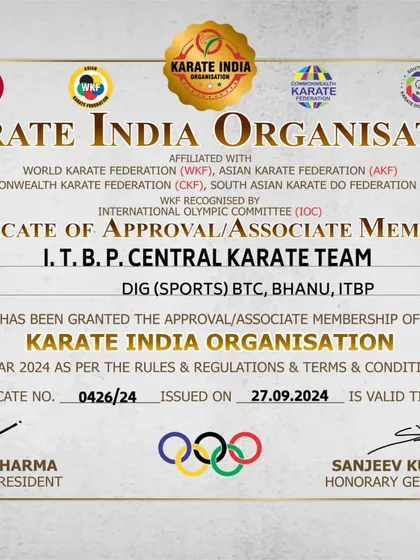 The official Certificate of Approval for the Indo-Tibetan Border Police (I.T.B.P.) Central Karate Team. Our members include elite institutional teams, which is a testament to KIO's status as the sole authentic national federation.