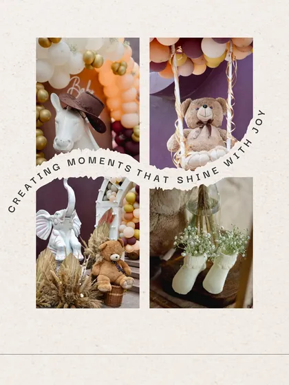 A collage of sweet details from a "Baby in Bloom" themed baby shower. It features adorable teddy bears, whimsical animal statues, and delicate floral touches, all contributing to a joyful and celebratory atmosphere.