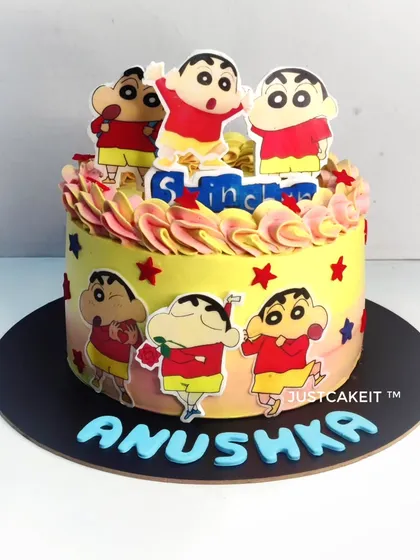 A fun and simple Shinchan theme cake with his characteristic expressions. The colorful frosting and star details make it a playful choice for a fan's birthday.