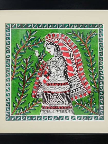 A Madhubani painting of a bride, or 'Dulhan', adorned in traditional attire, showcasing the use of fine lines to depict clothing and jewelry.