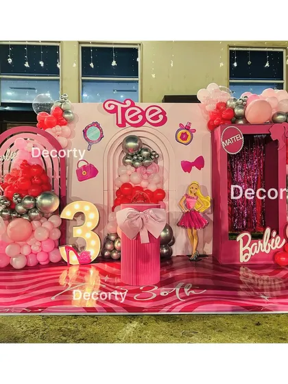 The complete Barbie stage setup at night, with all the lights creating a dazzling and exciting party atmosphere.