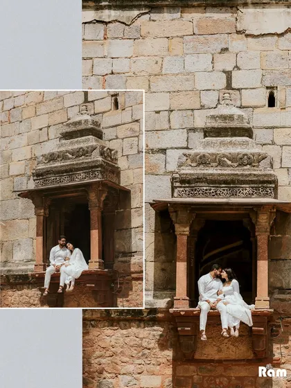 A couple sharing a quiet moment, framed by the historic window of a fort. This composition creates a feeling of a private, stolen moment in a grand, timeless setting.